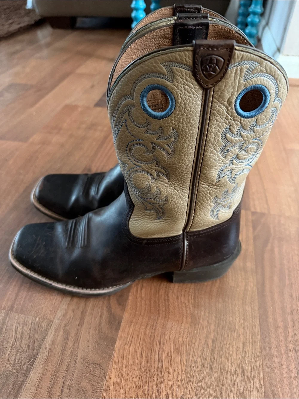 Ariat Brown Leather Western Boots with Cream Shaft and Blue Accents